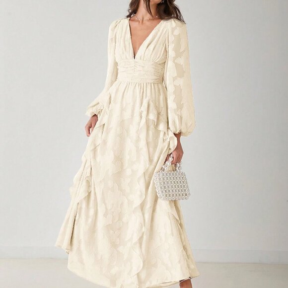 Apricot Elegant Women's Romantic V-Neck Ruffle Long Sleeve Maxi Dress - Picture 5 of 8